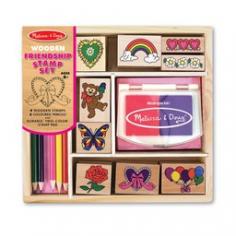 Melissa & Doug Friendship Stamp SetFeaturing a rainbow, hearts, and more, children love using 8 playful stamps and a two-color inkpad. It's fun creating countless scenes and coloring in the pictures with the 5 colored pencils! This well-crafted set is conveniently contained in a sturdy wooden box for organizing and storage. It's a tremendous value that children will use over and over again! Washable, non-toxic kid-friendly ink.