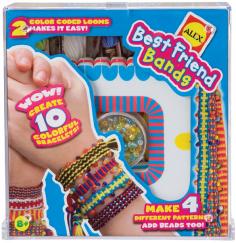 Best Friend Bands. Wow! What a wonderful way to express your connection to your best friend! This kit makes ten wide bracelet bands in four different patterns on two cool foam looms: one for you and one for your best friend. Color-coded looms make it easy. Kit contains two looms; ten colors of floss; seed beads; beading needle and easy to follow instructions. From its beginnings in 1986 with the creation of a plastic lunch box filled with arts & crafts supplies, ALEX has grown into the preeminent manufacturer of children's creative products having designed and produced over 1,000 items in expanded categories of toys: imaginative and dramatic play, fashion and jewelry, whimsical children's furniture, Rub A Dub, Tub Tunes, and Tub Joy bath toys, ALEX Little Hands preschool products and ALEX Jr, a line of luxurious plush and bath products for baby.