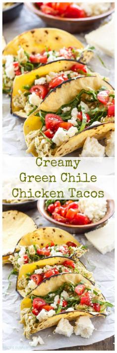 Creamy Green Chile Chicken Tacos | 5 ingredients and a slow cooker are all you need for this d...