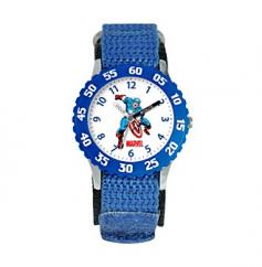 Find watches at Target.com! Theres always time for captain america with the marvel captain america kids watch in blue. This stylish superhero watch makes telling time fun and might even encourage your little one to learn to tell time on an analog watch. With a bright blue watch band and an exciting image of captain america on the face, this kids watch is instantly appealing to your superhero-loving kid. In addition, youll like that the watch has a snap enclosure, that its made of durable steel and nylon which makes it water resistant. The quartz movement is reliable and will last longer than many childrens watches on the market. Includes 1 silver oxide battery. 1.