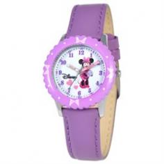 Disney&reg; Kids Time Teacher watch lets your little one keep track of time with Minnie Mouse. Cute and fun, this adorable character watch features labeled hour and minute hands, graphic dial, patterned bezel and durable purple leather strap. Brand: Disney&reg; Dial Color: Multicolor Band: Purple leather Clasp: Buckle Movement: Japanese analog Water Resistance: 100' Case Width: 32mm Case Thickness: .3" Bracelet Dimensions: 6.3" long, 16mm wide Model No.: W000029 Jewelry photos are enlarged to show detail.