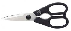 Kitchen Shears, Ambidextrous, Handle Style Straight, Overall Length 8 In, Length of Cut 2-3/8 In, Blade Material High Carbon Stainless Steel, Tip Shape Sharp, Cutting Edge Serrated, Adjustable No, Handle Design Enlarged Rings, Handle Material Polypropylene, Handle Color Black, Features Comes Apart, Built-In Bottle, Lid Openers, Nut Cracker, Application Cutting Poultry, Fish, Herbs, Twine