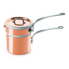 The Mauviel M'heritage 0.9 quart copper and stainless steel bain marie with lid is ideal for gently heating food to the perfect temperature. It's great for heating chocolate, custard, or sauces that need a slow and even temperature for cooking. It's easy to clean and use thanks to the porcelain interior that doesn't react with foods. The bottom can be used additionally as a sauce pan and it has a stainless steel interior. This Mauviel bain marie comes with a lifetime warranty from Mauviel with proper use and care. Mauviel products are made in France.