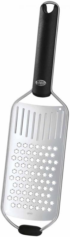 This grater creates perfect, light and airy product. A favorite for Parmesan and Pecorino Romano cheese. Works well for chocolate, lemon zest or ginger. Concave surface keeps food on track, centering food on the surface. Molded grooves provide a quick start, reducing friction and making quick work of grating tasks.