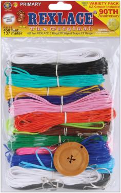 PEPPERELL-Rexlace 90th Anniversary Variety Pack. Bracelets; keychains; critters; zipper pulls and much more can be made in bright colors with this variety anniversary Rexlace pack by Pepperell. This package contains 450ft/137m of rexlace in thirteen colors (two skeins of black and white and one skein each of twelve colors); two keychain rings; six lanyard hooks; one EZ Gimper and instructions. Recommended for children ages 6 and up. WARNING: Choking Hazard-small parts. Not for children under 3 years. Imported.