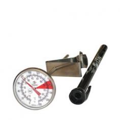 F insta-read NSF beverage & frothing thermometer. 1/2" magnified dial. 5" stem. Shatterproof. Polycarbonate lens. Target range indication. Recalibratable. 2 acc. S/S clip. For small frothing pitcher. Temperature and recalibration guides on sheath. 0 to 220F/-18 to +104C.