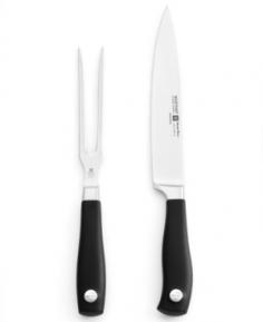 Carving Knives & Forks - This sleek cutlery set makes carving and serving the largest of turkeys, roasts and hams amazingly easy. The carving knife and straight meat fork are welcome time-savers for everyday meals, parties and family gatherings. Handmade in Germany since 1814, Wusthof cutlery is prized by the world's top chefs for restaurant and home cooking. The Grand Prix II line is precision forged of high-carbon, stain-resistant steel and skillfully honed by hand twice. Ergonomic poly handles ensure a comfortable, slip-resistant grip. Model: 9645.Product Features Precision forged from one-piece of high-carbon steel for greater stability and sharpness Skillfully hand-honed twice, stain-steel knives resist rust and stains Laser-controlled knife edges stay sharp longer with a more consistent blade angle Pebble-grained polymer handles offer a smooth, comfortable slip-resistant grip Dishwasher-safe, but hand-washing recommended Made in Germany Limited lifetime warranty - Carving Knife Blade Length: 8" Overall Length: 13" Weight: 5 1/2 oz. Straight Meat Fork Blade Length: 6" Overall Length: 11" Weight: 5 oz. Material: high-carbon stainless-steel; pebble-grained polymer Care Instructions Wusthof knives are dishwasher-safe but hand-washing is recommended. In the dishwasher, your Wusthof knife may bang against other cutlery or pots and pans and knick the blade. Wipe the knife clean with a wet cloth and dishwashing detergent. Dry immediately. Dry from the back of knife to the blade. No metal is completely stain-free. To prevent slight tarnishing, be sure to remove acidic foods (lemon, mustard, ketchup, etc.) from the blade after use. If blade should show some signs of staining, clean with a non-abrasive metal polish. To prevent irreparable blade damage, it is best to store your knife in a knife block or in-drawer knife tray.