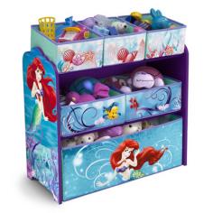 Make a splash while straightening up with this Little Mermaid Toy Organizer! Featuring six uniquely sized fabric bins supported by a sturdy wood frame, it's finished with colorful illustrations of your girl's favorite mermaid, Ariel. A whimsical option for easy organization of all her gadgets and gizmos, it encourages kids to clear clutter in record time. Meets all JPMA safety requirements. Some assembly required. Complements other Disney Little Mermaid items sold separately online by Delta Children's Products.