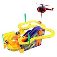 Track Racer Car & Helicopter Children's Kid's Battery Operated Toy Vehicle Playset-Watch as the Cars Climb the Various Ramps and Race Through the Twisted Track-Comes with 4 Cars, Helicopter-Requires 2 AA Batteries to run (not included)-Approx. Dimensions: 12 x 11 x 5