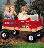 Extra-large natural wood body and removable sides Real air tires for a soft and quiet ride Controlled turning radius prevents tipping For kids 18 months and older Weight Capacity 150 lbs. 40L x 18.5W x 10.5H in. About this Radio Flyer Wagon Whether you're taking the kids on a hike or to the zoo the Radio Flyer All-Terrain Cargo Wagon will be their vehicle of choice. They'll enjoy riding in the back of the bright red wagon waving to friends and pointing at zoo animals. Their ride will be soft and quiet thanks to the large real aired tires that easily maneuver obstacles. The extra-large body and sides are made of natural wood. The bright red sides can be easily removed so you can transport more cargo. An extra-long handle makes pulling this wagon easy to pull and the handle can be folded underneath for storage. A no-pinch ball joint keeps fingers safe and the controlled turning radius prevents tipping. This wagon is intended for children over 18 months. This Radio Flyer wagon is the winner of several awards including the National Parenting Publications Gold Award (NAPPA) CBS This Morning Toy Test and the Parents Guide Award. Your little ones will enjoy hours of outdoor fun in this beautiful all-terrain wagon from Radio Flyer. Made in the classic Radio Flyer style, the wagon features an extra-large body with high sides that allow kids to sit inside it safely. Made out of natural wood and with real air tires, the wagon provides a smooth ride even on bumpy terrain. The controlled turning radius helps prevent tipping, so you can take your kids along on a walk without worrying about accidental spills.