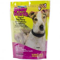 Fido-Belly Bones Treats Bag: Small. PreBiotic stimulates the growth of healthy bacteria known as ProBiotics. Probiotics help maintain the natural balance of microflora in the gastro-instestinal tract for healthy digestion. Corn and wheat free. Made with kelp, parsley and yogurt powder. This package contains 8oz of small belly bones treats. Recommended for dogs over 6 months of age and 5 pounds. Made in USA.