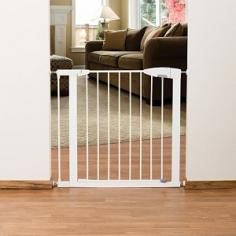 Durable steel construction; extendable. U-shape power frame keeps gate firmly in place. Locks shut with a firm push. Child-proof; for children 6 to 24 months. Dimensions: 29.5 to 35L x 29.5W inches. If there's trouble baby can spot it. That's why you need the Munchkin Easy Close Metal Gate to keep her from taking those grand adventures she'd love to try. Complete with tons of safety features to keep her from injury and convenient features that keep you from losing your mind. Additional information: Extends up to 54 inches with extensions (sold separately)Double lock system and optional third lock at base for added safety Extra-wide 22-inch walkthrough allows for easy in and out use Mounts with hardware or by force of pressure Can be placed almost anywhere from the bottom or top of stairs or between rooms Complete with a 1-year manufacturer's warranty About Munchkin Inc. For more than 20 years Munchkin Inc. has been developing innovative products that excite parents children and pets. The employees at Munchkin anticipate the needs of modern parents by paying attention to details and creating easy to use stylish products. Their goal as a company is to make life safer easier and more enjoyable for families.