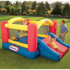 The Inflatable Jump 'N Slide Bouncer Will Keep Kids Jumping with Joy The Little Tikes Jump 'N Slide Bouncer spells huge outdoor fun for little ones. The large inflatable gym measuring 9 X 12 X 6 feet provides substantial jumping space and is surrounded with tall protective walls for childrenâ&euro; s security. Thereâ&euro; s a wide slide with side rails that provided for quick escapes and three mesh sides protect children, while parents can watch the fun. Children will have lots of fun playing outdoors on this inflatable Jump 'n Slide Bouncer. After inflation, the blower runs continuously while your children are playing to keep the bouncer properly inflated. Youngsters will jump with joy when you bring this Little Tikes bounce house home. Perfect for ages 3 years and up.
