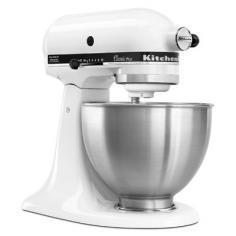 A KitchenAid 4.5 Qt. Classic Plus Stand Mixer does a variety of your baking and cooking needs like creaming butter and sugar, kneading dough and creating light, flaky pie crust. It's so easy to let the power of this classic white 4-1/2-Quart stand mixer do the blending, stirring, mixing and whipping. You'll be amazed at how fast and how well this mixer does even hard jobs like dough kneading. The results you get from your KitchenAid stand mixer can't be matched by hand mixers or inferior, small-powered stand mixers. This classic and beloved kitchen companion features a powerful 275-watt motor that makes short work of your mixing and whipping tasks. KitchenAid Stand Mixers are the one countertop appliance that seems to be on every bride's registry list and every home cook's gift list because they truly revolutionize baking and cooking with incredible speed and power. This KitchenAid comes with a 4-1/2-quart stainless-steel bowl and three attachments: a beater, wire whip and dough hook.