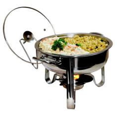 Get out of the kitchen and into the cooking spotlight, this durable stainless steel chafing dish maintains food at just the right temperature and can keep the food hot or cold for hours. Tempered glass lid allows you to monitor food condition and know when it's time to refill. Also features a heavy duty stand to provide stability. Stay cool handles and knob for easy handling. Set includes: 4 qt food tray, exterior water/ice tray, tempered glass lid. Chafing dish stand with handles, glass lid holder and convertible burner with lid.