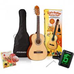 From Alfred Music, the worldwide leader in music education products since 1922, comes Alfred's Kid's Guitar Course Starter Pack! This award-winning, best-selling, complete starter pack includes a high-quality 3/4-size Firebrand acoustic guitar with nylon strings, deluxe accessories including a gig bag carrying case with straps, a Firebrand portable electronic tuner with batteries included, a set of Firebrand guitar picks, and Alfred's Kid's Guitar Course (Book, CD, DVD and Software). Guitar features a spruce wood top, mahogany neck, Linden wood back and sides for a full, rich tone, a Rosewood fretboard with nylon strings that makes playing easy for little ones' hands, and a beautiful gloss finish. Gig bag carrying case features a zippered pocket for carrying sheet music and accessories! The Guitar Course uses plain language that's easy for children to understand, with three irresistible guitar experts who guide students along-a clever classical dog, one cool jazz cat, and a friendly alligator who loves the blues! They focus attention by pointing out what's important on each page, and make learning music fun! Children will learn to play chords and melodies, read music, and perform lots of fun songs. Tuner requires (2) AA batteries (included). For children ages 5 and older. Materials: Wood, Plastic, Nylon, Electronic Components. Assembled Dimensions: 42"L x 16.5"W x 6"H (Packaged); Weight: 10 lbs.