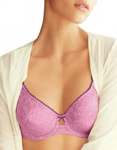 b.tempt'd by Wacoal Full Bloom Underwire Bra (951133). This underwire bra features a lovely all-over floral lace with mesh lining. Center panel has a cut-out with satin bow at the top. Underwire cups shape and support the breasts. Stretchy molded cups provide a custom fit for each breast and are a great solution if you're not quite even Elastic straps feature looped picot lace at the edges and adjust in the back with coated metal hardware. Center front - triangle with satin bow over a keyhole. Elastic along top and bottom of sides and back for custom fit. Seamless sides for a smooth look under clothes. See matching b.tempt'd by Wacoal Full Bloom Hipster Panty 945133 and b.tempt'd by Wacoal Full Bloom Thong 942133. Please Note: Model is wearing nipple covers for modesty. Please Note: Sizes 32-36 DDD have non-stretch straps.
