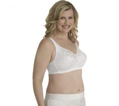 Playtex 18 Hour Stylish Support Wirefree Bra (4608). This shimmering jacquard microfiber wireless bra is so comfortable you can wear it for 18 hours straight. 2-part, lined, wireless cups support and shape the breasts with angled seaming. Lace trim accents the V-neckline. Arched center panel at underband is more comfortable if you have a high tummy. Cushioned, center pull straps stay put, relieve shoulder pressure and are lined with comfortable cotton. Elastic straps are "kicked in" and adjustable in the back with plastic hardware. Tall sides and back deliver smoothing, getting rid of ripples and bumps. Hook count varies by size. See Fitter's Comments below. A full figure bra with all the support you need. Leotard back. Please Note: This bra is also called Playtex 19957.