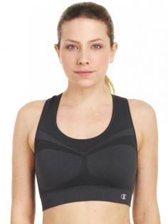 Champion Seamless Racerback Sports Bra (2900). This amazing sports bra stretches to move when you do, providing medium support for your everyday workouts. Features knit-in cups with strategic knit-in texture. Double Dry fabric technology wicks away moisture, keeping you cool and dry. 2-ply wireless cups have a covered elastic underband for support. Logo at bottom left. Stretch straps do not adjust. Racerback for movement. Tagless for comfort. See matching Champion Fitness Boy Short Panty 2425.