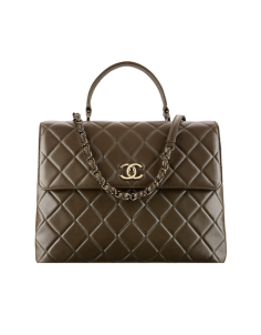 Flap bag with handle, lambskin & light gold metal-dark khaki - CHANEL