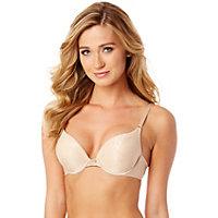 Maximize your cup size! Push up pad that adds a full cup size at the apex for ultimate bust enhancement. Botanical inspired, flat jacquard fabrication with a feminine picot trim neckline makes this bra trendy and sexy. Three way convertible from regular, close in for no slip and crisscross help make this bra versatile. 91% Nylon, 9% Spandex; Back Lining - 93% Polyester, 7% Spandex. Available in Barely Beige, Ivory and White.