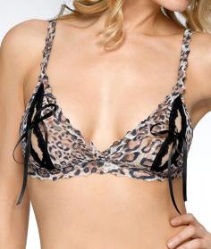 Hanky Panky Leopard Nouveau Signature Lace Peek a Boo Bralette (4x7831). This sexy animal print bralette features soft cups that open with satin ribbons for fun. Made of nylon with nylon/spandex trim. Unlined, wireless, 2-part cup has satin tie closure. Elastic underband provides gentle support. Sewn-on elastic sides and back for custom fit. Elastic straps are trimmed with lace at front and adjust in back with coated metal hardware. Pull-over styling. See matching Hanky Panky Leopard Nouveau Open Panel Low RiseThong 4x1001 and Hanky Panky Leopard Nouveau Open Panel Cheeky Hipster Panty 4X2921. Please Note: Model is wearing nipple covers for modesty.