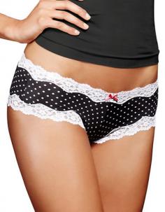 Feel fun and flirty in our beautiful cheeky scalloped lace hipster. Beautifully sexy cheeky styling. Soft to touch. Gorgeous scalloped lace at waist and legs. Comfortable to wear all day. Features Stretches to move with the body for a flexible fit. Low-rise styling is perfect under today's fashions. Cotton lined gusset. Fabric Content Body - Cotton & Elastane. Gusset lining - 100% cotton. Color - Darling Dot Black Print. Size - 8.