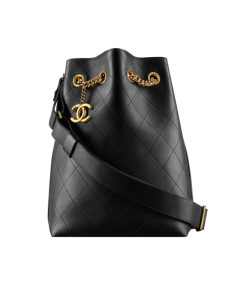 Drawstring handbag, calfskin & light gold metal-black - CHANEL