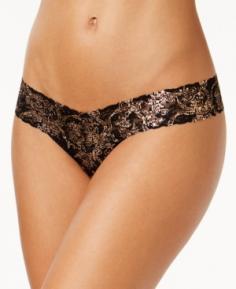 Glamorous underwear. Black signature lace thong boasts a copper metallic foil filigree design. Low rise sits below the hips. Wide stretch waistband features a sexy V-shape. Scalloped edges enhance the waistband. Solid trim styles the front and back panel. Lays flat on the body for a smooth look under clothes. Absolutely no VPL! Cotton gusset. As a result of the stretch waist, one size fits 2-12.100% nylon; Trim: 90% nylon, 10% spandex; Lining: 100% cotton. Hand wash cold, dry flat. Made in the U.S.A.If you're not fully satisfied with your purchase, you are welcome to return any unworn and unwashed items with tags intact and original packaging included.