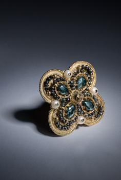 Brooch, metal, natural stones, cultured fresh water pearls & molten glass-gold & black - CHANEL
