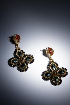 Earrings, metal, natural stones, cultured fresh water pearls & molten glass-gold & black - CHANEL
