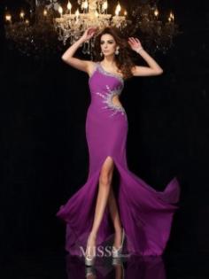 Sheath/Column One-Shoulder Sleeveless Chiffon Long Prom/Evening Dresses with Beading