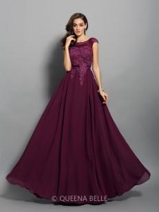 A-Line/Princess Chiffon Scoop Sleeveless Applique Floor-Length Dresses