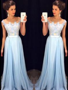 Affordable Scoop Neck Blue Chiffon Tulle Appliques Lace Floor-length Prom Dresses in UK