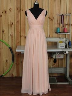 V-neck Ruched Chiffon Floor-length Pink Backless Bridesmaid Dress in UK