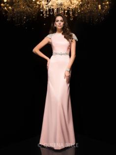 Sheath/Column Short Sleeves Beading Jewel Satin Floor-Length Dresses