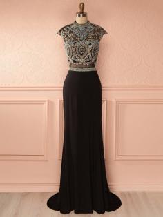 Sheath/Column High Neck Chiffon Tulle Sweep Train Beading Black Open Back Prom Dress in UK