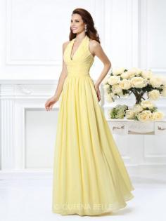 A-Line/Princess Halter Sleeveless Pleats Floor-Length Chiffon Dresses