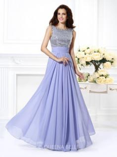 A-Line/Princess Bateau Sleeveless Lace Paillette Floor-Length Chiffon Dresses