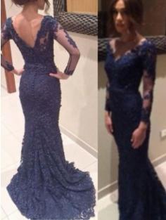 Trumpet/Mermaid Applique Sweep/Brush V-neck Long Sleeves Train Lace Prom Dresses