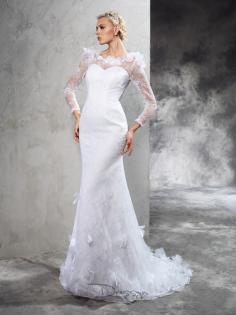 Sheath Sheer Neck Long Sleeves Hand-Made Flower Court Train Satin Bridal Gowns