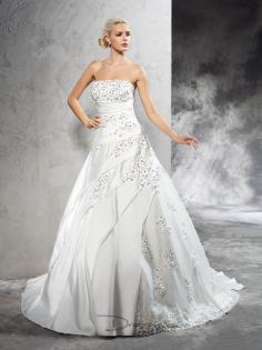 Ball Gown Strapless Beading Court Train Satin Bridal Gowns