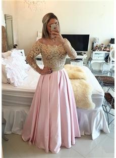 2017 Sexy Newest 2016 Gold Pink Prom Dresses Long Sleeves Crystals Beaded Off the Shoulder Illusion Lace Evening Gowns