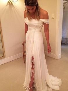 A-Line/Princess Sweep/Brush Train Off-the-Shoulder Sleeveless Chiffon Wedding Dress