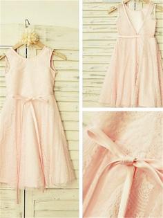 A-line/Princess Scoop Sash/Ribbon/Belt Tea-Length Lace Girl Dresses For Wedding