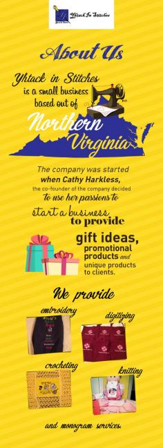Yhtack in Stitches is North Virginia based promotional embroidered gifts provider. Our products include baby gifts, wedding gifts, crotchet purse, embroidered slippers, embroidered winter hats and more. For more details, visit our website.