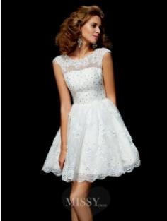 A-Line Short Sleeves Applique Organza V-neck Mini Dress