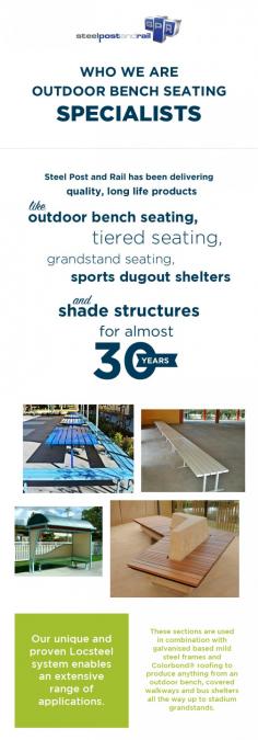 Steel Post and Rail is best known for delivering quality outdoor seating solutions in Australia for over 30 years. Our range of products includes outdoor bench seating, tiered seating, grandstand seating, sports dugout shelters and shade structures. Get in touch day! 