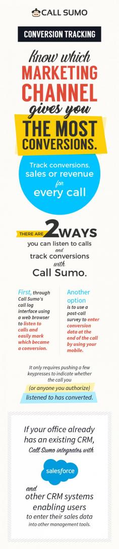 Call Sumo is an ultimate conversion tracking software that helps to know which of your marketing channels gives the most conversions. You can get the clear picture of performance of every user and advertising channels. For a free Demo, contact us now!
