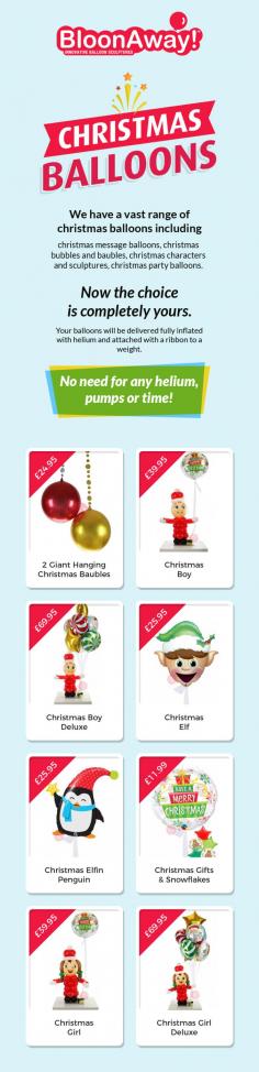 Get in touch with BloonAway LTD to buy fully inflated Christmas balloons online at reasonable prices. All the balloons provided by us will be delivered fully inflated in a large box. Choose your desired one!